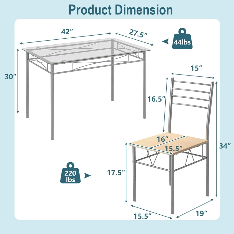 Home Kitchen Dining Room Furniture Glass TableTop Metal Breakfast Lunch Dinner Table Set 4 Pcs Dinning Table and Chairs
