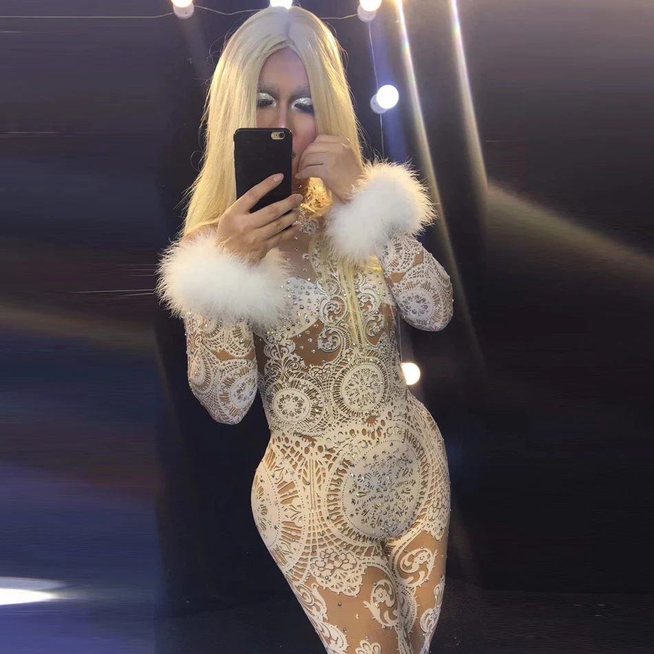 Женская сексуальная Прозрачная облегающая Клубная одежда, Женский вечерний комбинезон для коктейльных танцев и шоу, Облегающий комбинезон