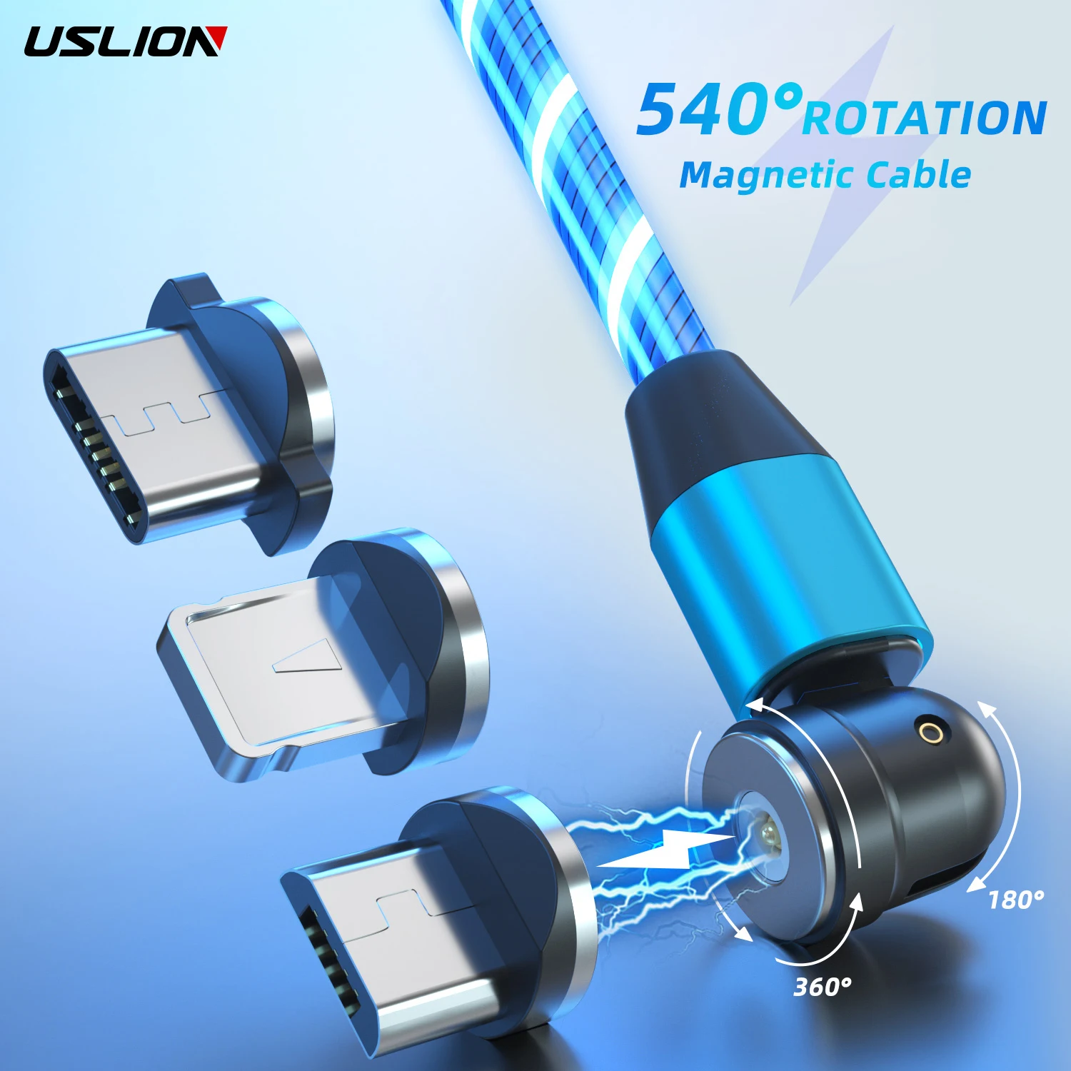 Магнитный кабель USLION с подсветкой, микро-USB для Samsung, зарядка для Xiaomi Magnet 3 в 1