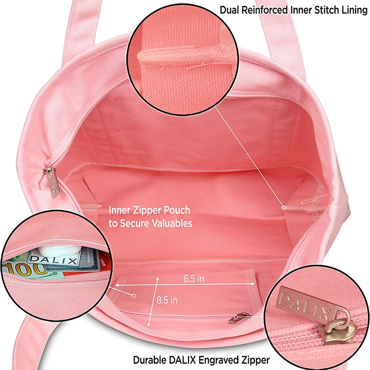 Custom Cotton Canvas Logo Zipper Tote Bag pink Shoulder Bags With Large Capacity