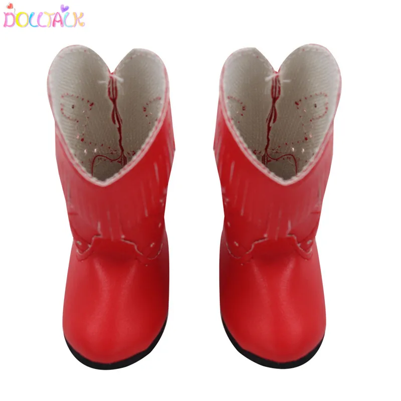 Заводское модное 18-дюймовые xiafu кукла с высоким берцем с кисточками красного цвета на толстом каблуке; Зимняя обувь в кукольном стиле