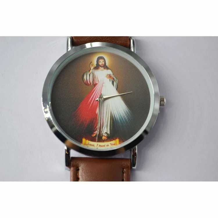 Stock Cheap Alloy Silver Case Leather Strap Quartz Movement Jesus Mens Fashion Watch