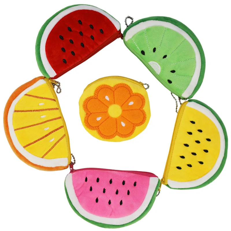 Simulation fruit  plush coin purse strawberry orange card  children wallet zipper coin purse embroidery bags watermelon purse