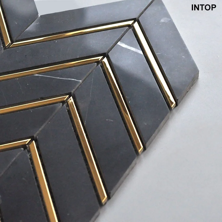 new design chevron herringbone white thassos marble and gold metal stone mosaic tile Nero marquina stone mosaic wall tiles