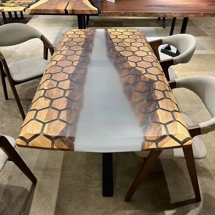 Cheap Price Factory Direct Luxury Solid Walnut Wood Coffee  Kitchen Restaurant River Epoxy Resin Slab Dining Table