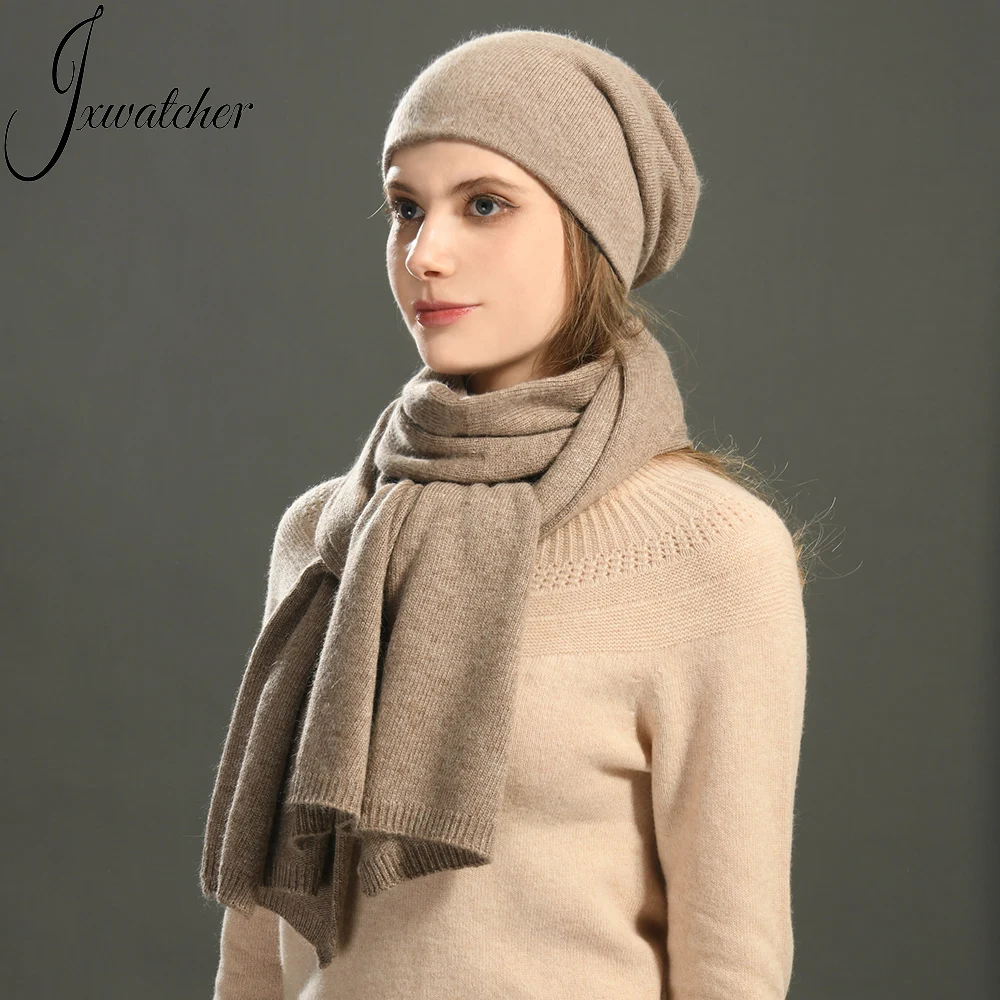 Slouchy Soft Cashmere Knitted Beanie Toque Long Scarves Shawls Cape Suit 2 PCS Luxury Warm Women Custom Winter Hat and Scarf Set