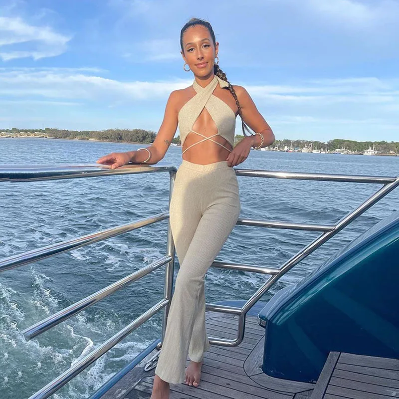 
Womens slim fit solid color high waist beige pants sexy crop top pant two piece set outfit summer club leggings pants 