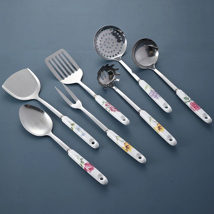 Wholesale 7Pcs Floral Ceramic Handle Stainless Steel Utensil Cooking Set Kitchen Utensils From China