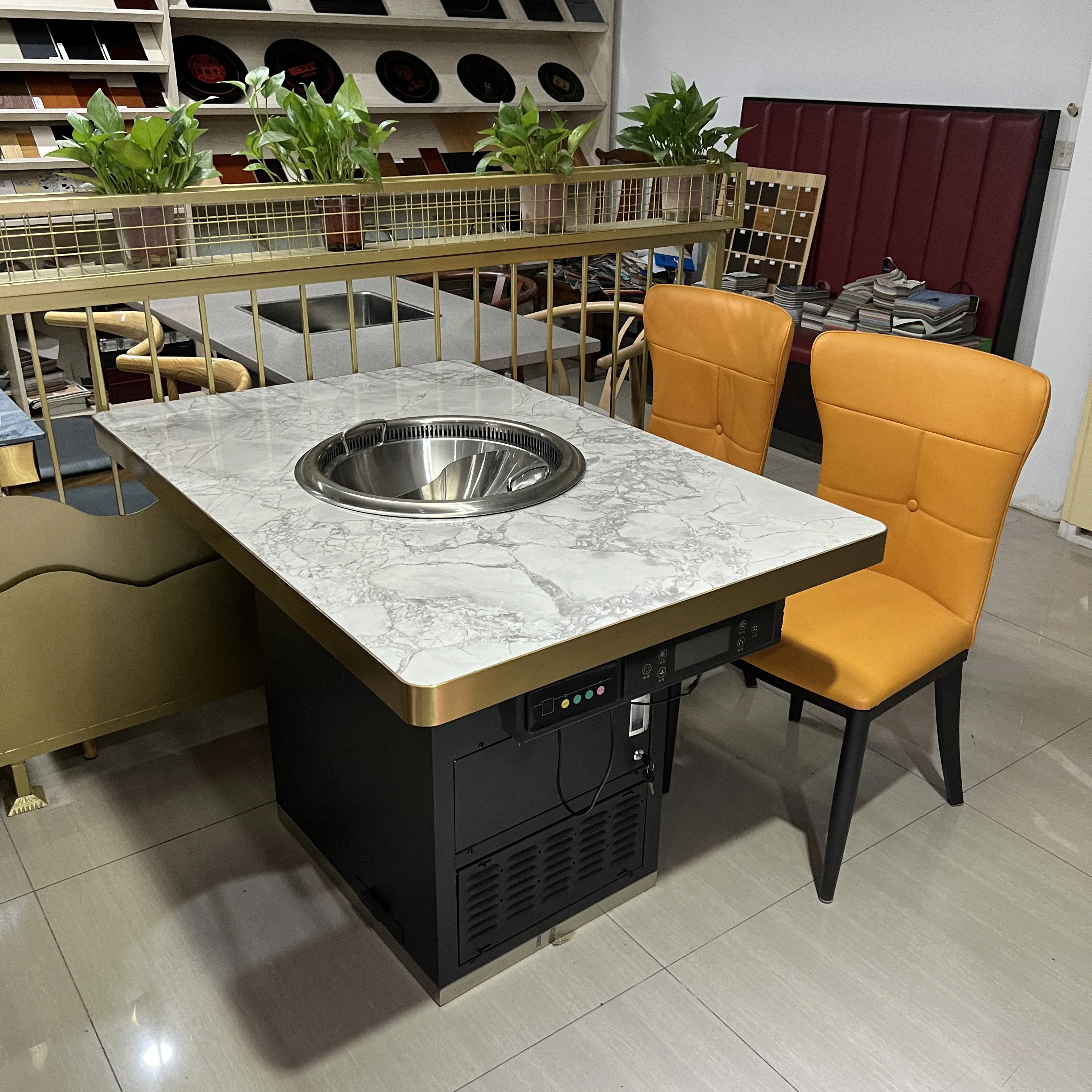 Zhuoyue P6 Smokeless Korean wholesale Built-in Hidden hot plat table smokefree grilled shabu integrated table Steamboat Table