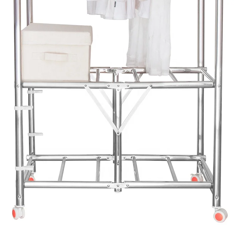 Heavy Duty Rolling Commercial Double Rail Clothing Garment Rack With Wheels Expandable Rods Collapsible Clothes Rack