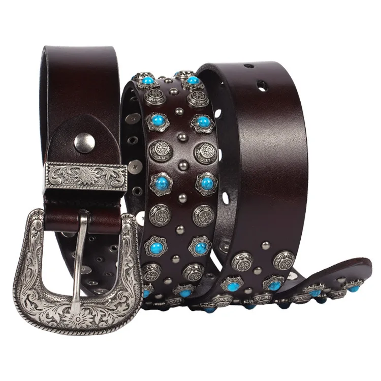 Luxury Turquoise and Studs Inlaid Western Buckle Genuine Leather Cowgirl Belt for Women