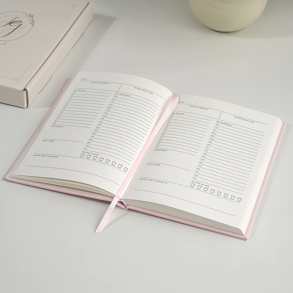 custom printing logo hardcover linen cover A5 bound paper journal notebook wellness planner gift set