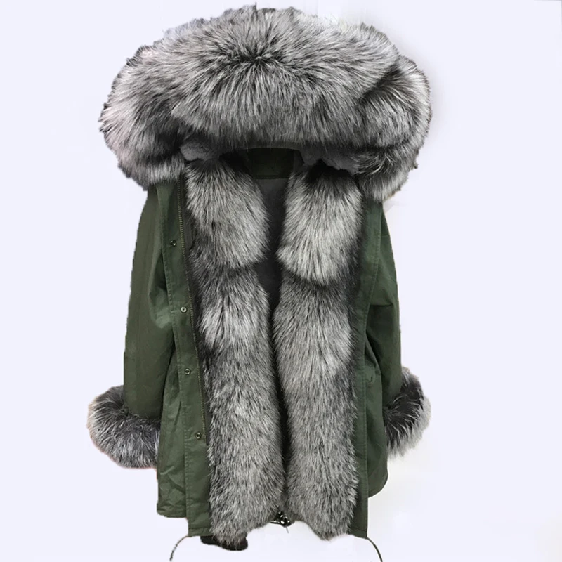 European trench long Jacket hooded anorak women outwear classic russian winter coat fluffy fur overcoat parka with big fox fur