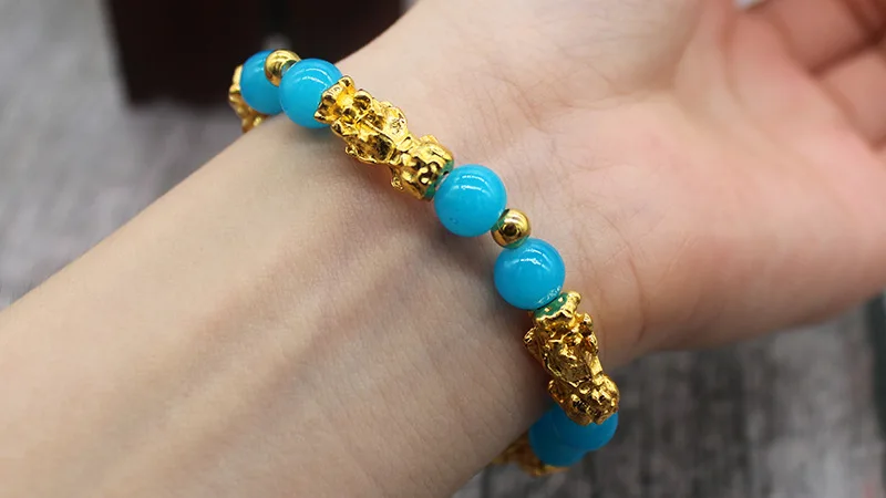 8MM Classic Elastic Gold Plated Pixiu Black Obsidian Shungite Bracelet Colorful Glass Beads Pixiu Lucky Bracelet