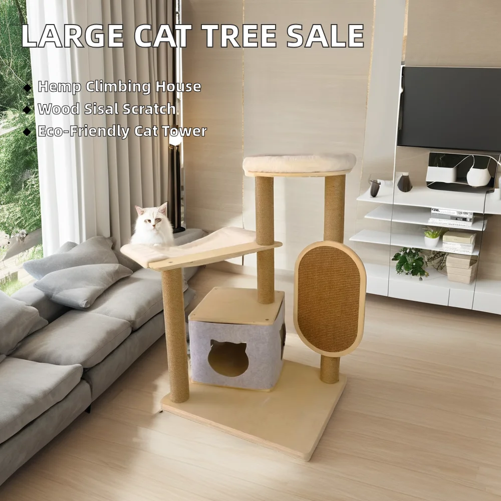 Hot Sale Large Cat Tree with Sustainable Wood Sisal Scratcher Board and Hemp Cat House Perfect Climbing Frame Toy for Cats Dogs