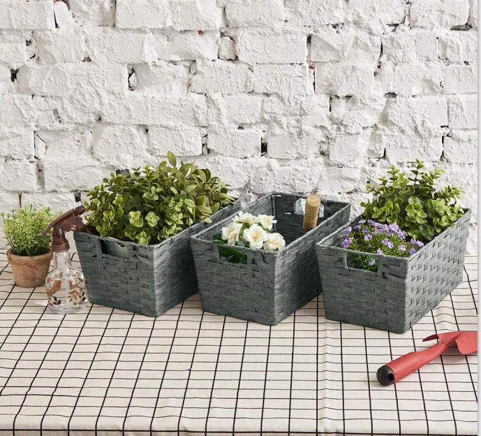 Pack of 3 Paper Rope Woven Storage Baskets Multipurpose Organizer Bins Boxes with Handles for Shelf, Bathroom