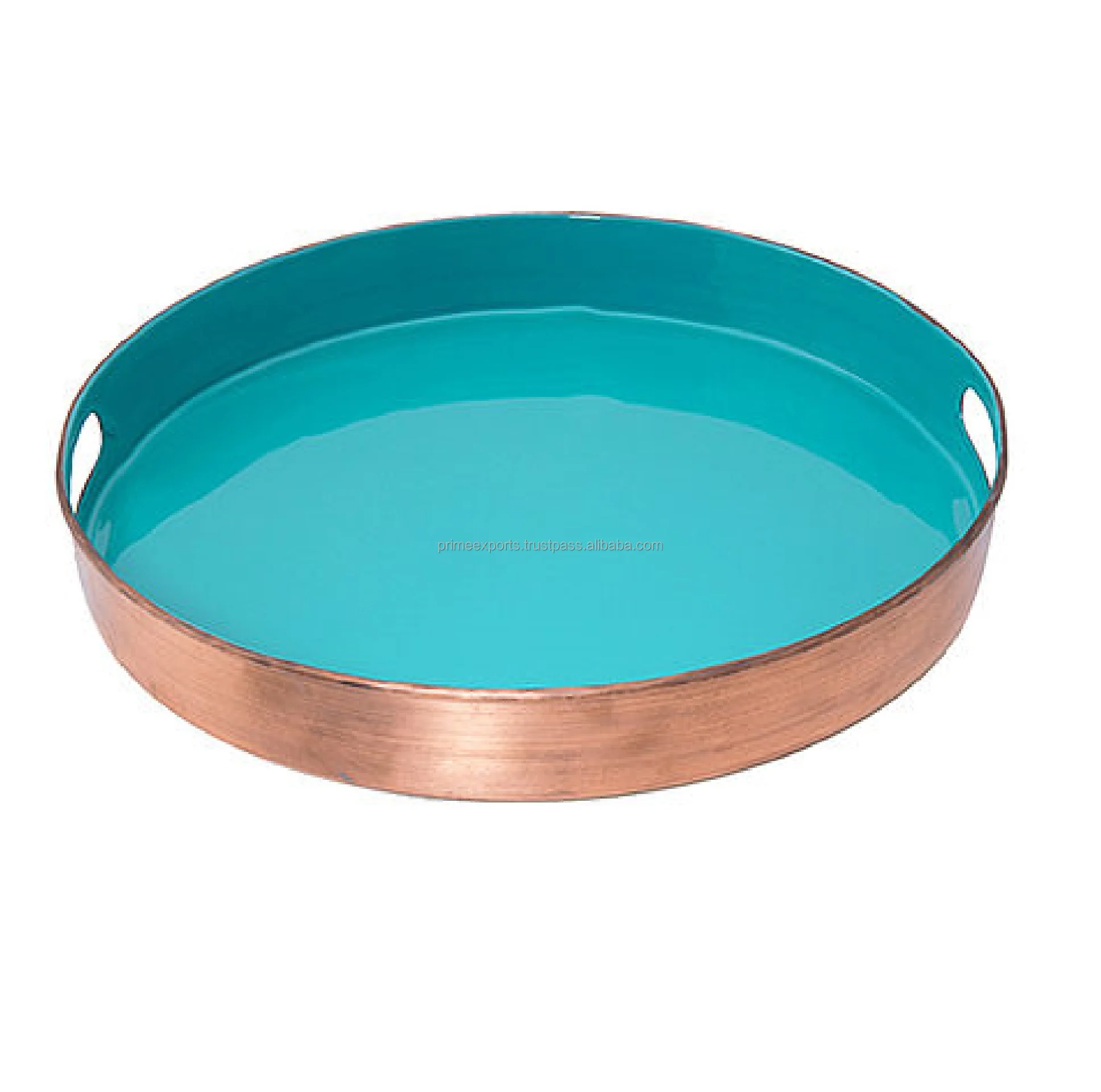 Round copper antique with green solid metal serving trays for home hotels and restaurant decor Indian handmade metal trays