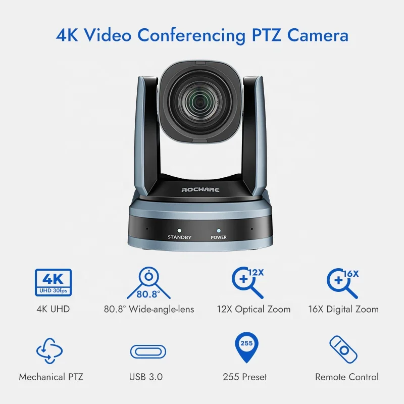 Rocware 4K 12X optical zoom Video conference PTZ Camera with AI Auto Tracking for video conference meeting and live streaming