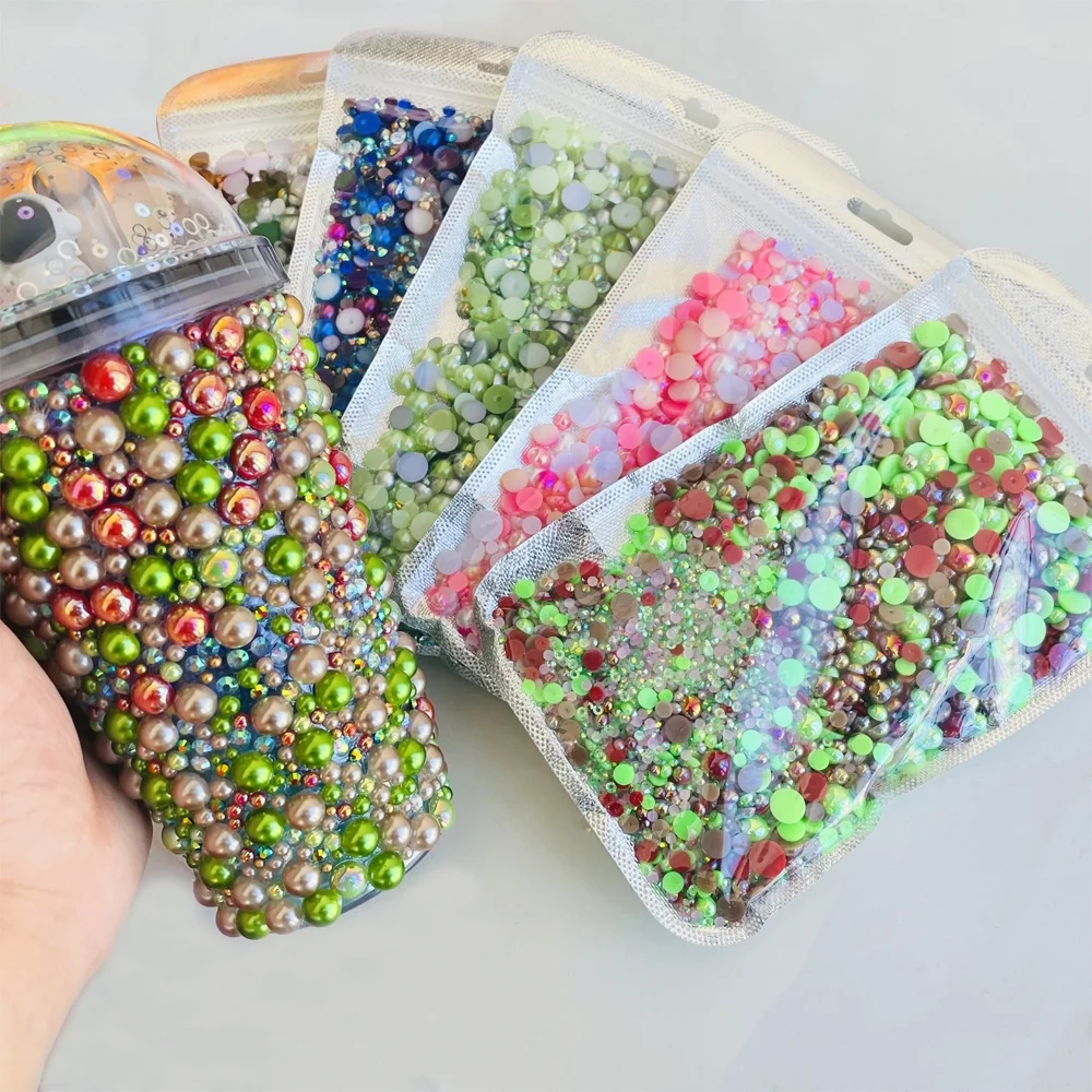 Yantuo Wholesale 3-10mm  Mixed Size Half Pearls And Resin Rhinestones For Tumblers,Nails