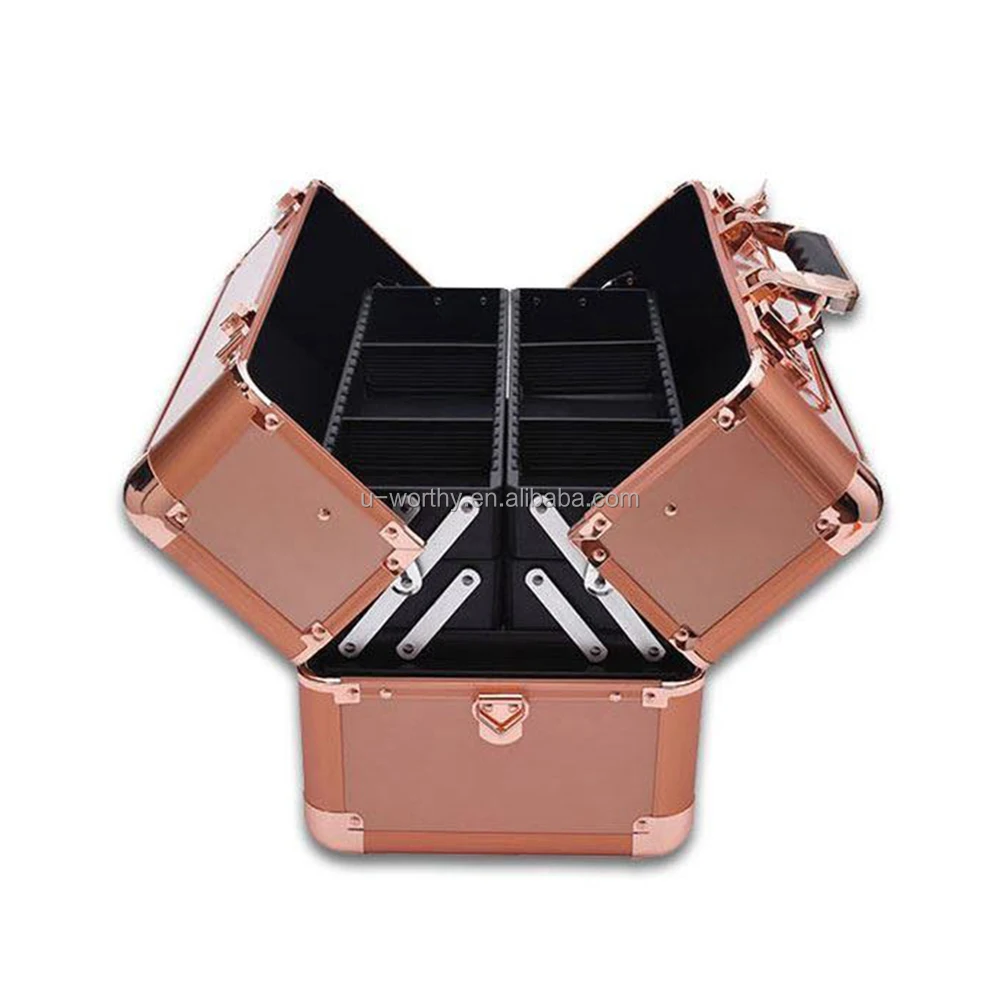 Instock Ready to Ship Easy Carrying Silvery Golden Color Multilayers Aluminum Cosmetic Case Vanity Case Make Up Case with Trays