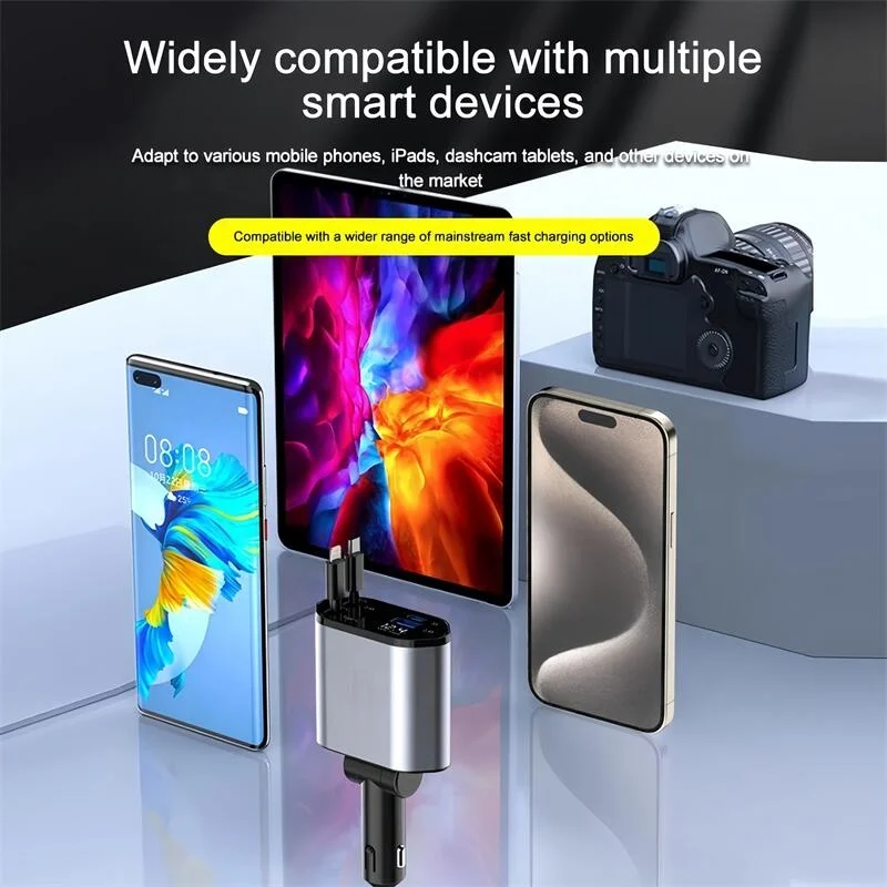 USB Type C Cable For IPhone Huawei Samsung  Cigarette Lighter Adapter 4 in 1 Car charger Retractable Car Charger  Fast Charger