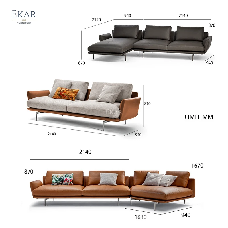 Factory Direct Supply Modern Nordic Leather Couch Living Room Furniture Metal Legs Leather Sofa Set