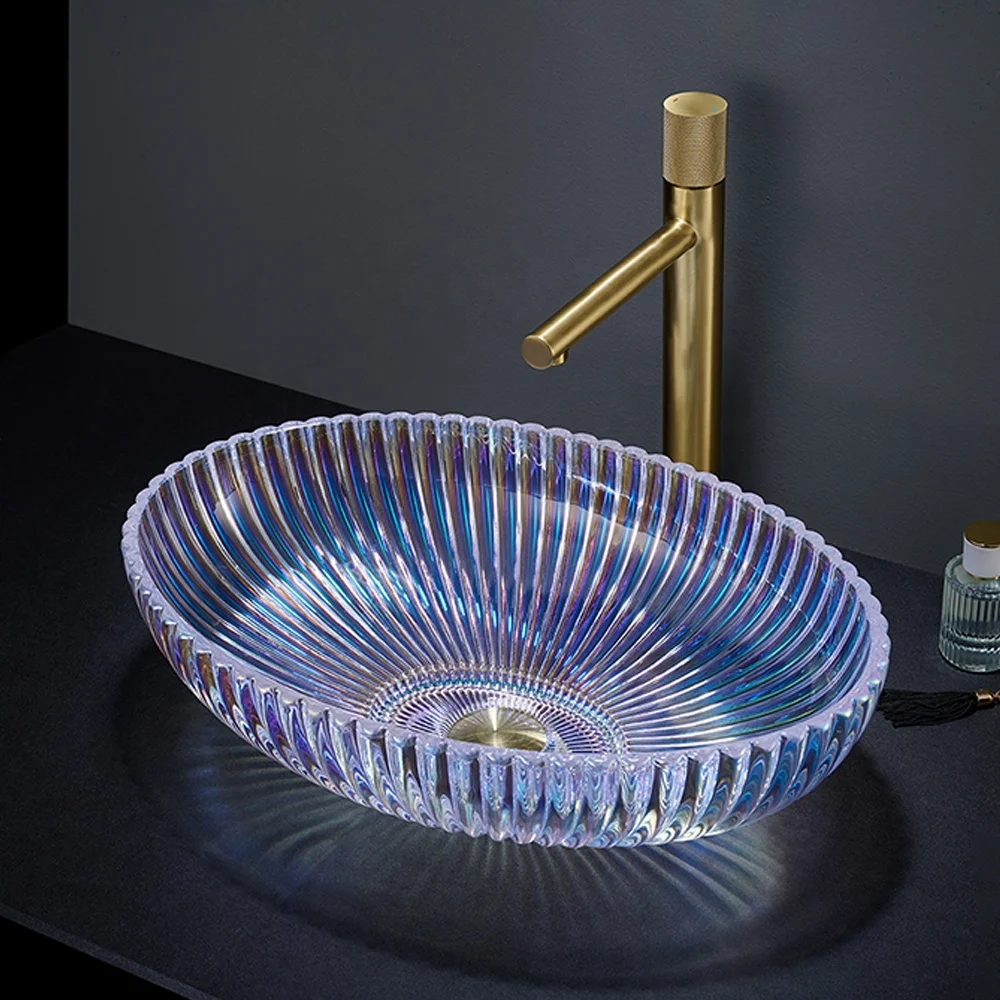 Pate Transparent Blue Color Table Top Bathroom Hand Wash Basin Glass Vessel Sink