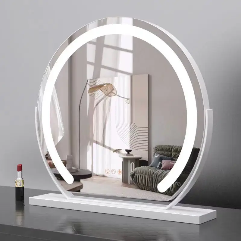 High Definition 360-Degree Rotating Desktop LED Makeup Vanity Mirror Silver Metal HD Three-Color Lighting Home Use