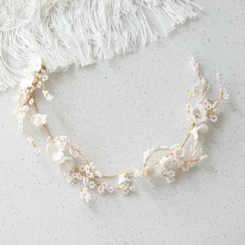 Handmade Beaded Bride Hair Vine Ceramic Flower Headband Babysbreath Wedding Tiara Accessories For Women
