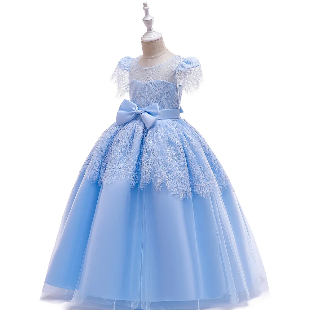 High quality long little girl gowns pageant short sleeve lace 13 year old girls dress light blue cheap modern frock designs