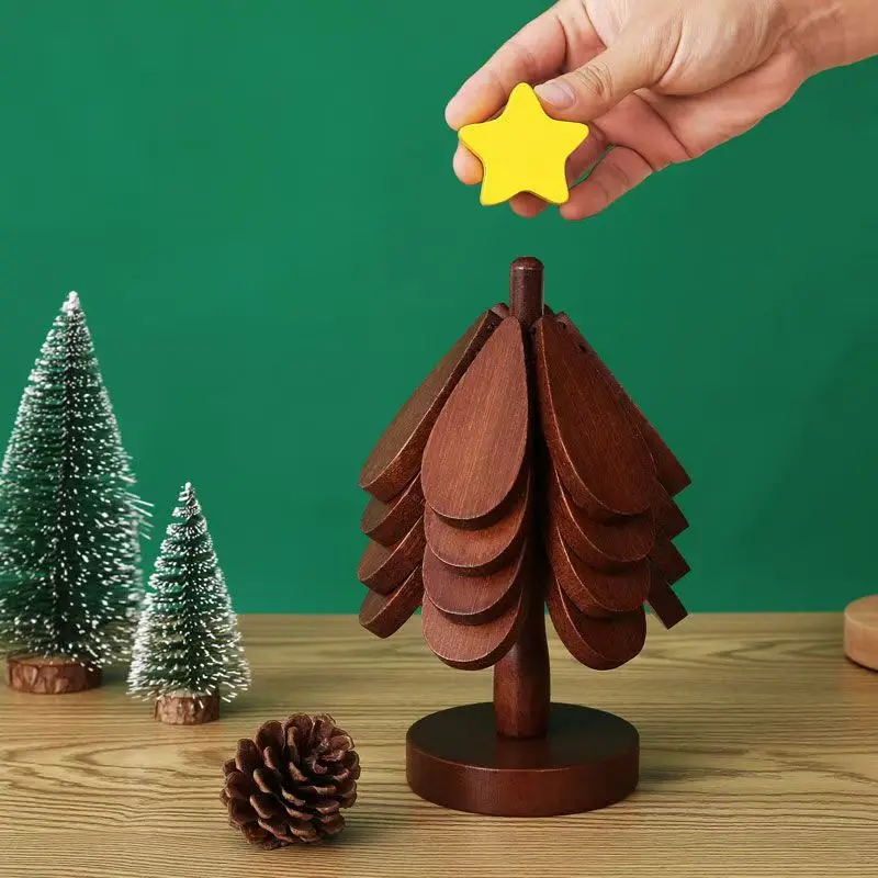 Wooden Trivets Dining Table Mat Potholders Heat-Resistant Decor Wood Christmas Tree Coasters Set with Holder for Hot Cookware
