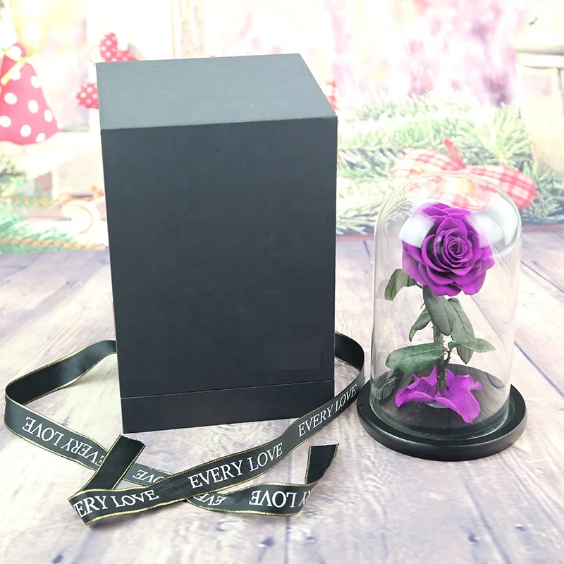 rose preserved glass dome in gift box  hot sale eternal real stabilized flower with stem for christmas