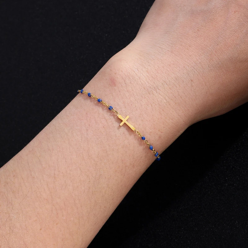 Stainless Steel Cross Charm Bracelet Christian Holy Religious Cross Jewelry Beads Cross Bracelet For Girls Friend Birthday Gift