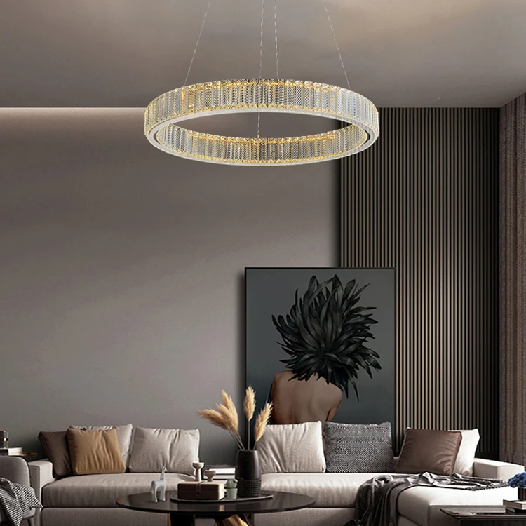 Hot Selling Modern Luxury Hanging Lights Circle Ring Dining Room High Ceiling Chandelier Crystal Led Rose Gold Pendant Light