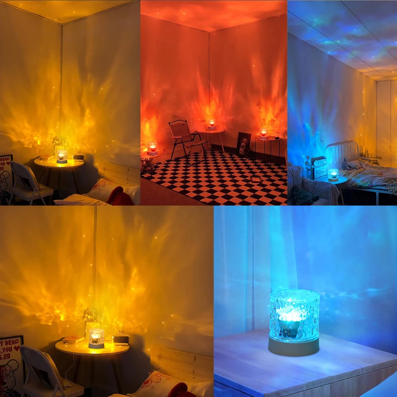 RGB Dimmable Crystal Table Lamp USB Rotating Projection LED Water Ripple Ambiance Night Light for Bedroom Bedside Game Room Gift
