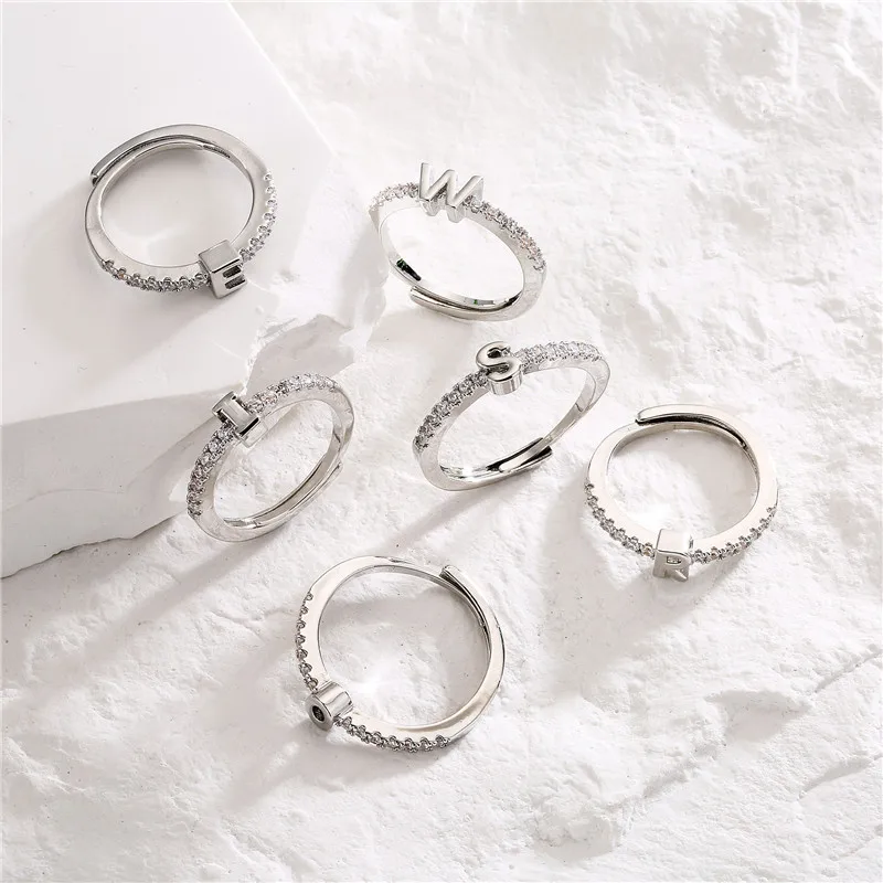Women gold ring A-Z initial letter ring adjustable with zircon