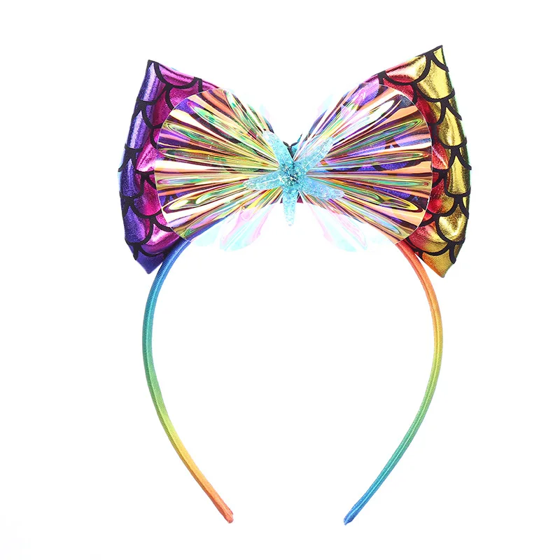 New Style Fish Scale Bow Headband Rainbow Pu Leather Headband For  Party Headdress