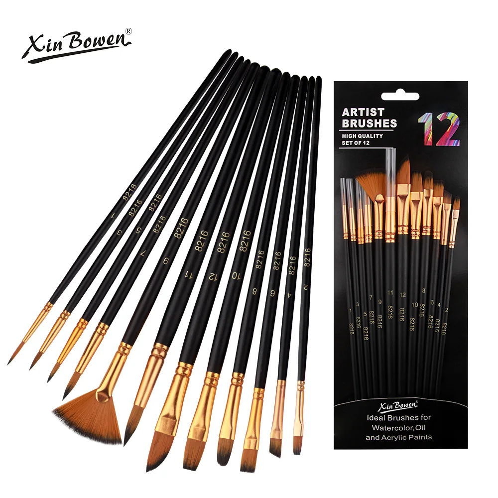 Xin Bowen Hot selling 12 Pcs Set Wood Handle acrylic paintbrush set Nylon Hair Custom Oil Paint Brushes For Art Painting
