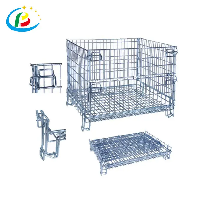 Material Handling Transport Portable Metal Preforms Galvanized Folding Pallet Basket Cage For Euro Pallet Metal Cage With Lid
