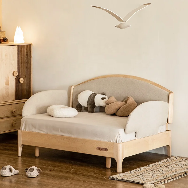 OKTOTA modern Nordic style kids bed with Guardrail solid wood folding single bed for baby