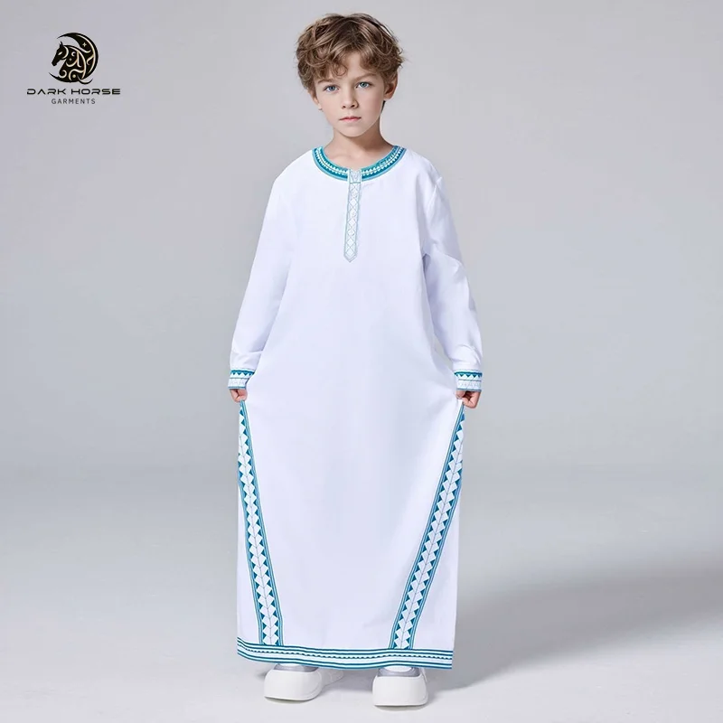 DarkHorse Wholesale simple fashion Middle East Dubai Turkey boys printed loose robe button shirt thobe Muslim children clothing
