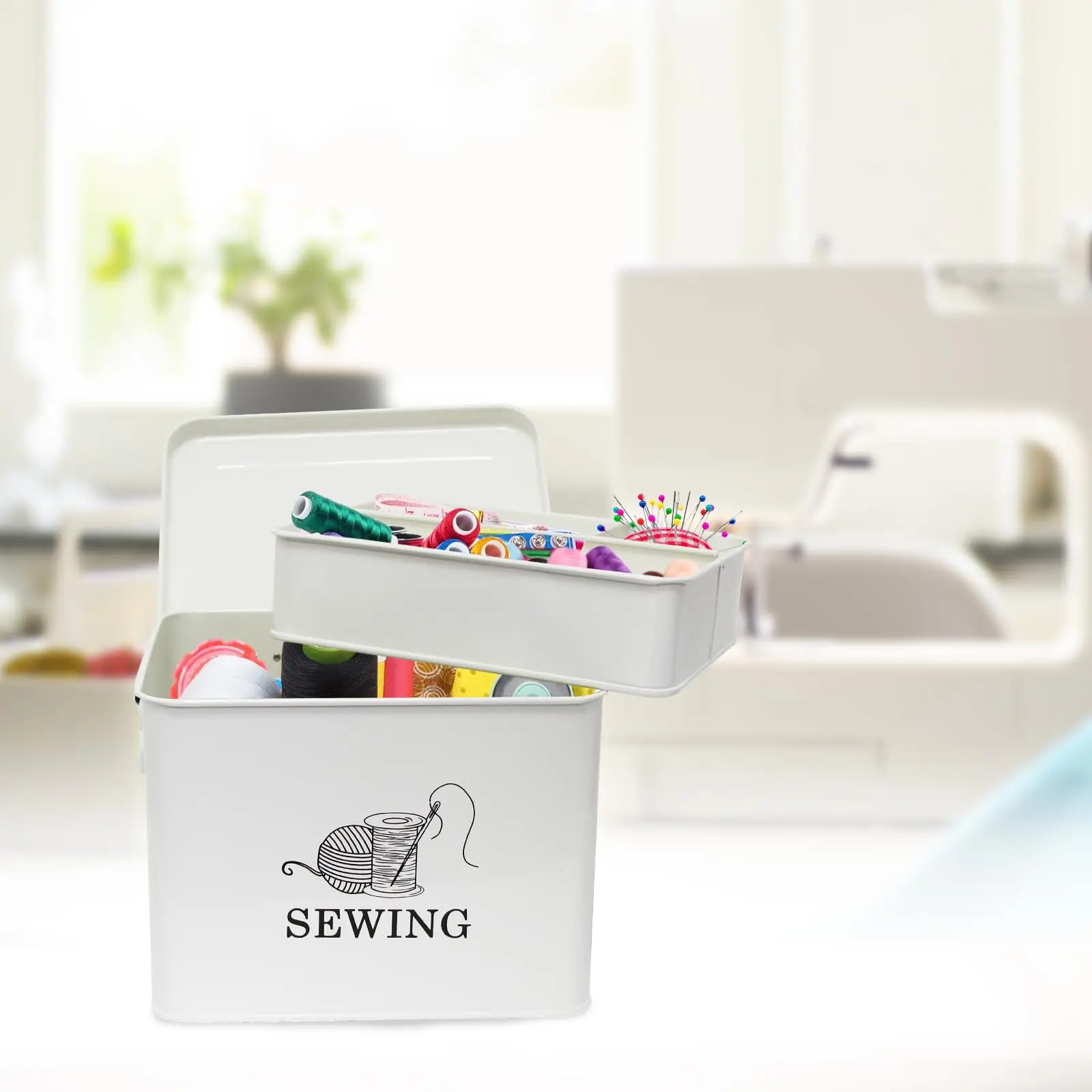 Household Galvanized Iron Sewing Storage Box  Metal Large Space Sewing Kit Storage Tool Box With Tray