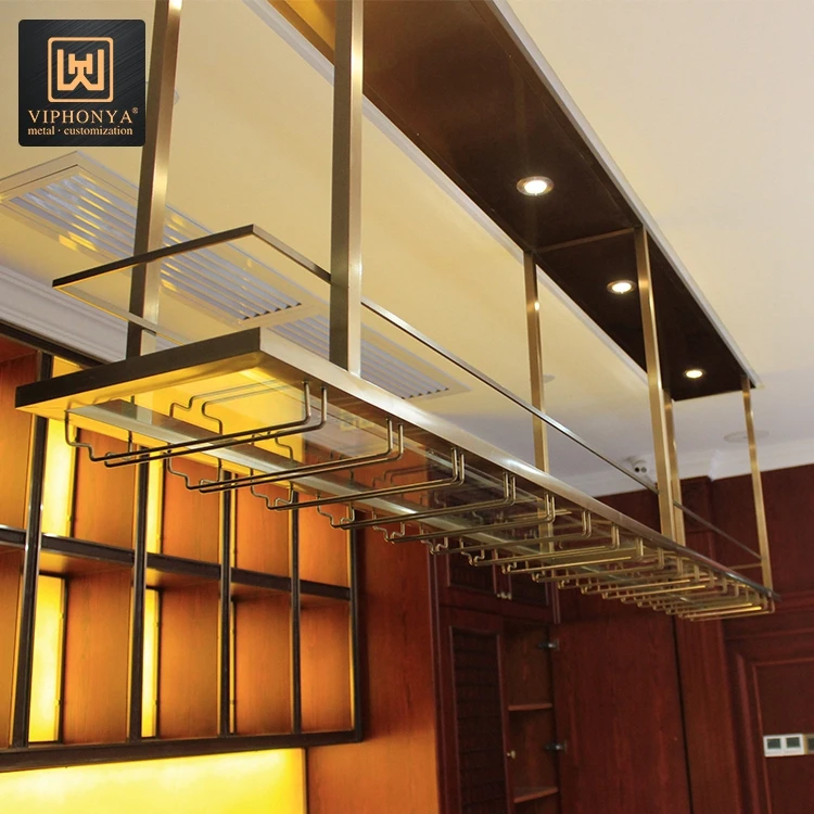 Premium Ceiling Metal Wine Rack for Kitchen Living Dining Room Quality Stainless Steel Suspended Wine Rack for Restaurant Bar