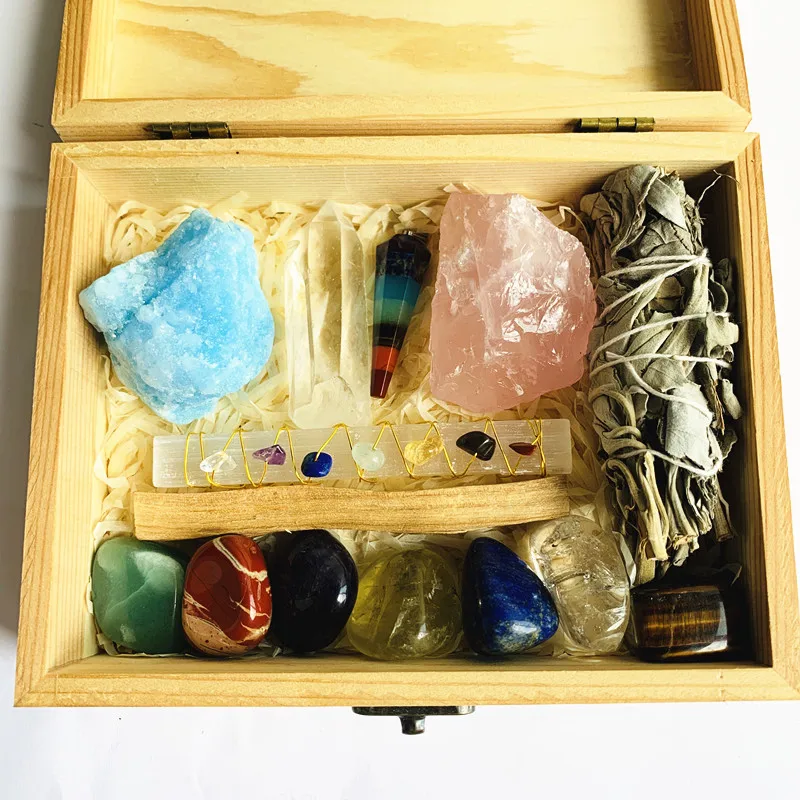 Wholesale natural  crystal healing stone set pink crystal blue calcite sage palo santo 7 Chakra Stones Kit for  Meditation