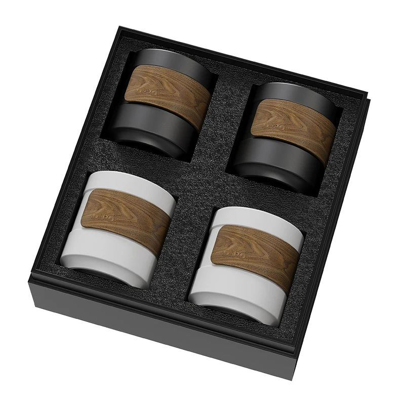 DHPO Japanese Style 4 Cups Set Portable Matte Black Ceramic Coffee Tea Mug with Wooden Sleeve Porcelain Cups