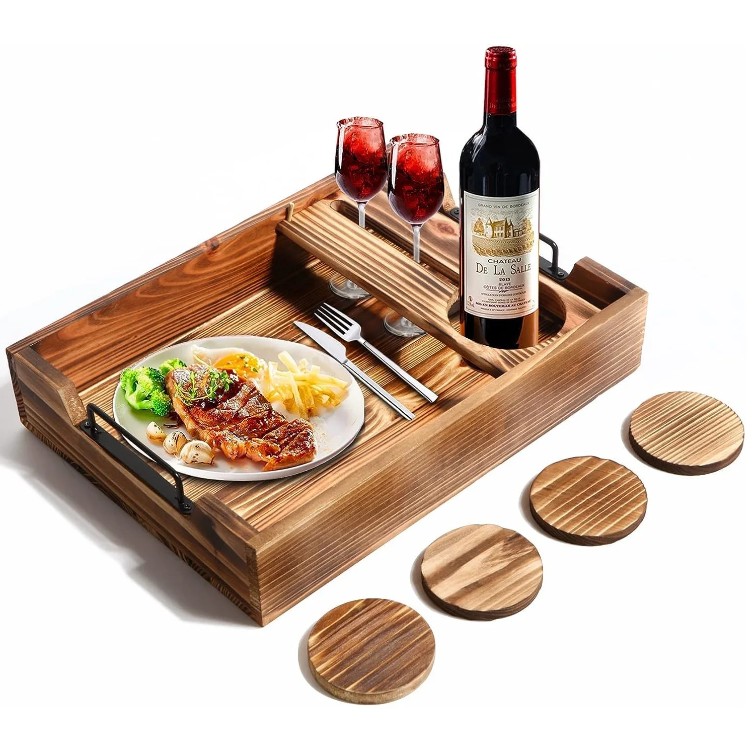 Bamboo wood snack coffee serving table tray with removable glass holder, large acacia wood ottoman tray with metal handles