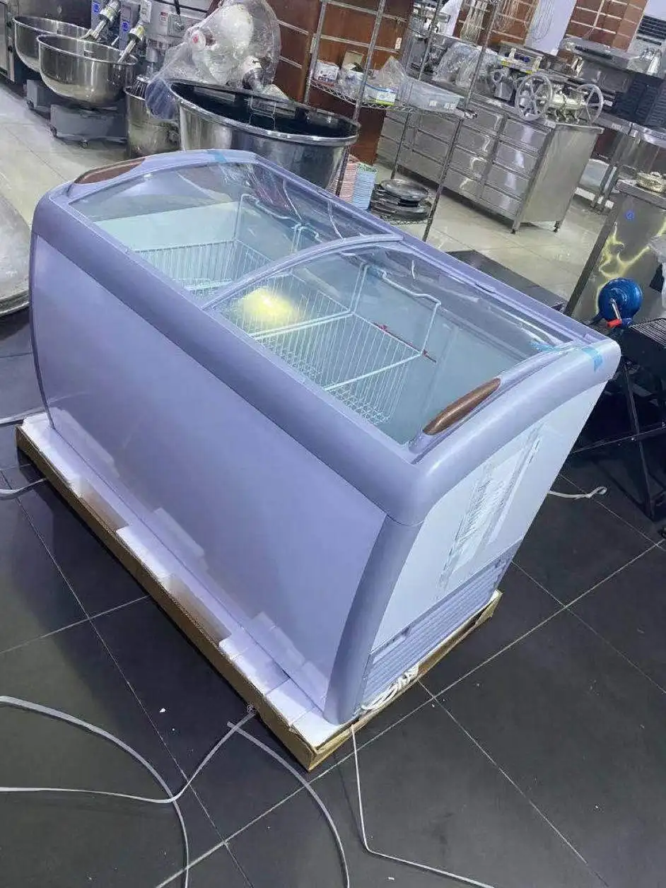 HIC display ice cream fridge commercial curved sliding glass door chest freezer