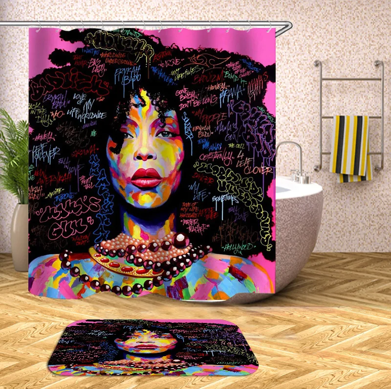 2022 Wholesale Custom Modern 3D Printed African Black Girl Bath Shower Curtains