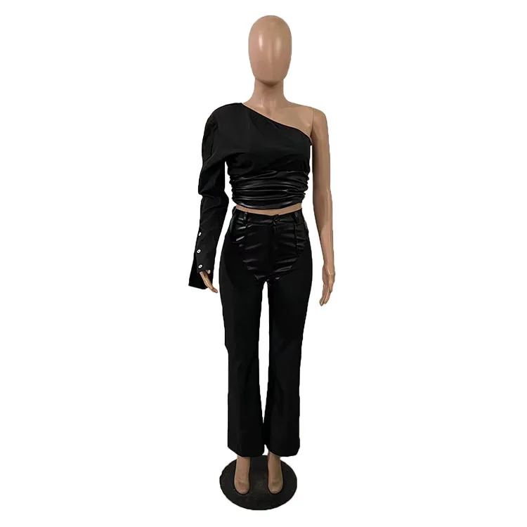 J&H Wholesale PU leather patchwork motorcycle style one shoulder ladies blouse and wide leg pants sexy black 2 piece outfits