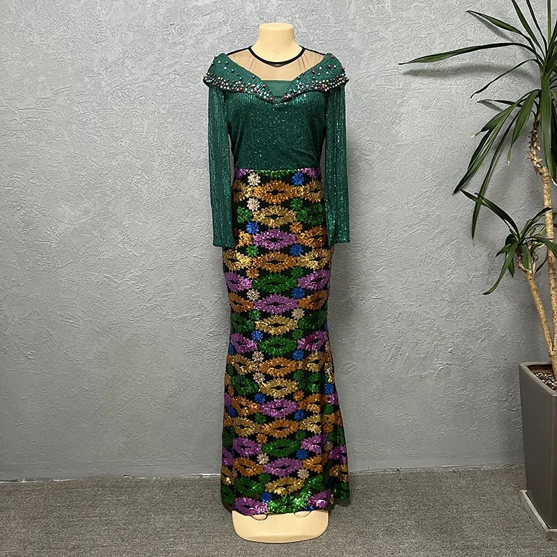 African Elegant Lovely Shining Colorful Sequin Bodycon Dress Ankara Lady Maxi Dresses For Women K0561